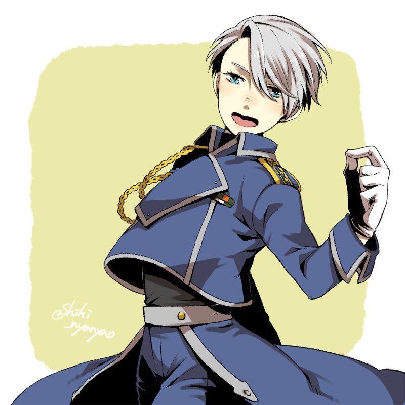 1boy blue_eyes cosplay fullmetal_alchemist gloves male_focus military military_uniform open_mouth roy_mustang roy_mustang_(cosplay) shiki_(hubin) silver_hair smile solo viktor_nikiforov white_gloves yuri!!!_on_ice