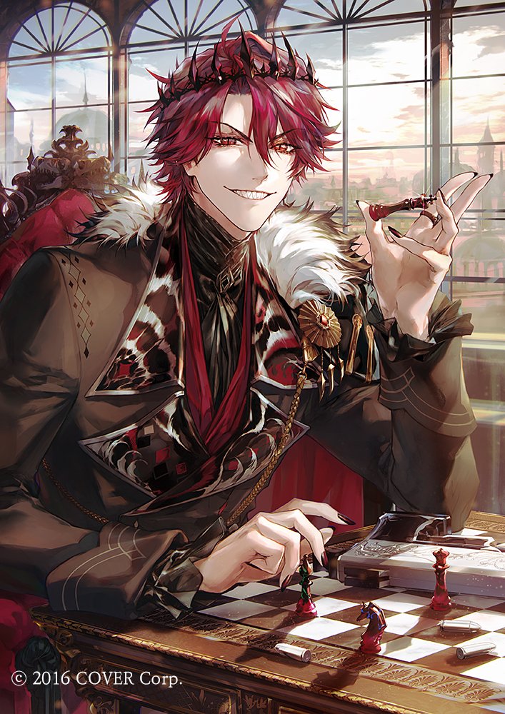1boy animal_print armchair ascot black_ascot black_cape black_nails black_shirt board_game bullet cape chain chair chess chess_piece chessboard cloud copyright_notice crown curtained_hair day elbow_rest fingernails frilled_sleeves frills fur-trimmed_cape fur_trim grin gun haban_(haban35) hair_between_eyes hand_up handgun holding holding_chess_piece holostars holostars_english indoors jewelry jurard_t_rexford lapels leopard_print long_sleeves looking_at_viewer male_focus muntins notched_lapels official_art red_eyes red_hair red_vest ring sharp_fingernails sharp_teeth shirt short_hair side_cape sitting sleeve_cuffs slit_pupils smile solo table teeth upper_body v-shaped_eyebrows vest virtual_youtuber weapon window
