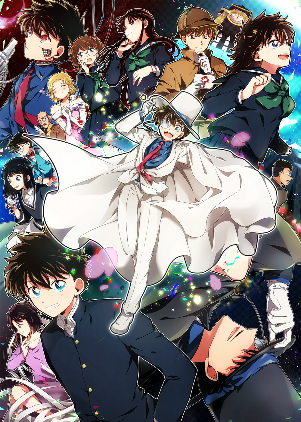 6+boys 6+girls :d ? adjusting_clothes adjusting_headwear aka_tonbo_(lililil) animal animal_on_shoulder arm_up bald bare_shoulders black-framed_eyewear black_cape black_cardigan black_hair black_jacket black_sailor_collar black_serafuku black_shirt blonde_hair blouse blue_eyes blue_shirt blue_shorts blue_vest blush bow bowtie brown_coat brown_eyes brown_hair brown_hat brown_jacket brown_suit cape cardigan cat cat_on_shoulder character_request child clock clock_tower closed_mouth coat collarbone collared_shirt commentary commentary_request crossdressing deerstalker dress dress_shirt dual_persona edogawa_conan elbow_gloves english_commentary envelope facial_hair falling_petals formal_clothes gakuran glasses gloves gradient_background green_eyes green_neckerchief grey_hair grin hair_between_eyes hair_bobbles hair_ornament hakuba_saguru hand_in_own_hair hand_on_own_chin hand_up happy hat heart highres holding holding_envelope holding_mask index_finger_raised jacket jewelry jii_kounosuke kaitou_kid koizumi_akako kuroba_chikage kuroba_kaito kuroba_touichi leg_up long_hair long_sleeves looking_at_viewer looking_down looking_to_the_side magic_kaito mask meitantei_conan mixed-language_commentary momoi_keiko_(magic_kaito) monocle monocle_chain multiple_boys multiple_girls mustache nakamori_aoko nakamori_ginzo neckerchief necklace necktie off-shoulder_dress off_shoulder old old_man open_mouth outline own_hands_clasped own_hands_together pants petals pink_dress pink_shirt pleated_skirt princess_anne purple_bow red_bow red_eyes red_necktie robot sailor_collar school_uniform serafuku shirt shoes short_hair shorts skirt smile star_(symbol) stroking_own_chin suit teeth top_hat tower turtleneck twintails upper_teeth_only upside-down vest white_cape white_gloves white_hat white_outline white_pants white_shirt white_shoes white_skirt white_suit