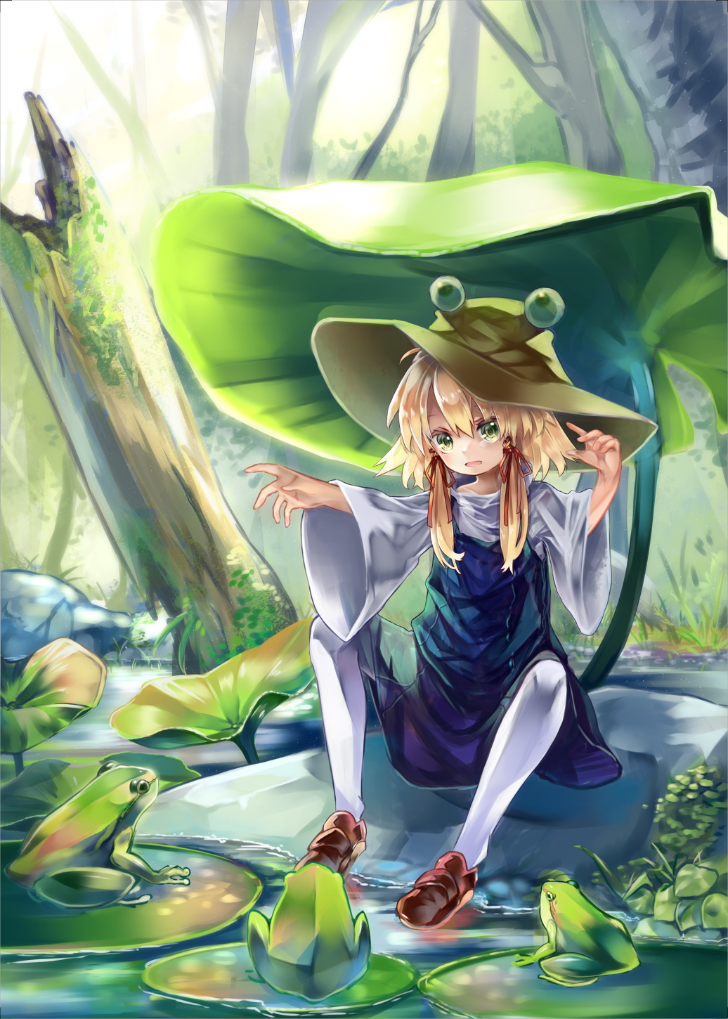 1girl blonde_hair brown_shoes commentary_request eyeball female_focus frog green_eyes hair_ribbon hat highres leaf lily_pad moriya_suwako nature open_mouth outstretched_arms red_ribbon ribbon rock shoes sitting solo syukou touhou tree tress_ribbon white_legwear wide_sleeves