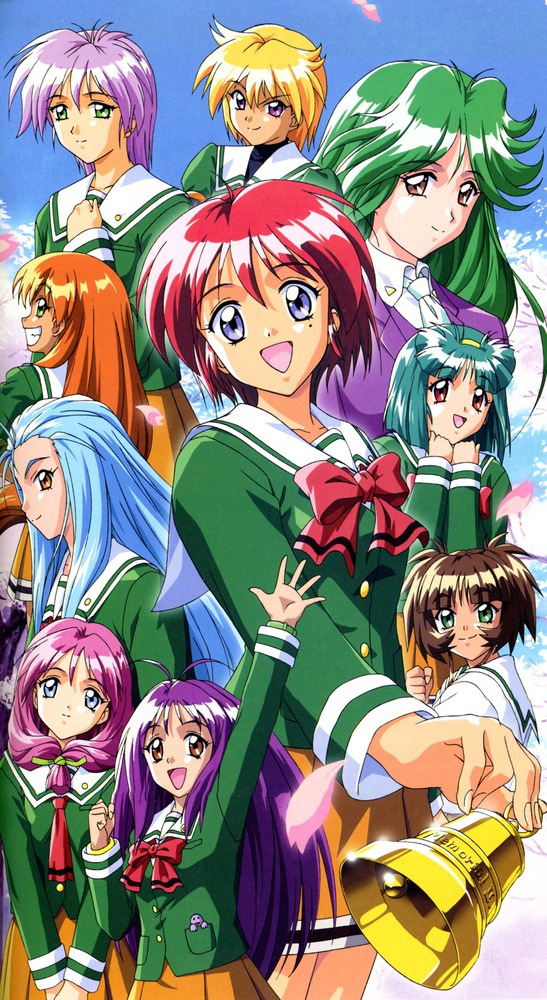 1990s_(style) 6+girls :d akai_homura arm_up asou_kasumi bell blonde_hair blue_eyes blue_hair bow brown_eyes brown_hair front_ponytail green_eyes green_hair green_shirt grin hair_over_shoulder happy hinomoto_hikari ichimonji_akane ijuuin_mei kokura_masashi kotobuki_miyuki long_hair minazuki_kotoko mole mole_under_eye multiple_girls official_art open_mouth orange_hair petals pink_hair profile purple_eyes purple_hair red_hair retro_artstyle ribbon sakura_kaedeko scan school_uniform shirayuki_miho shirt short_hair sleeves_rolled_up smile tokimeki_memorial tokimeki_memorial_2 yae_kaori