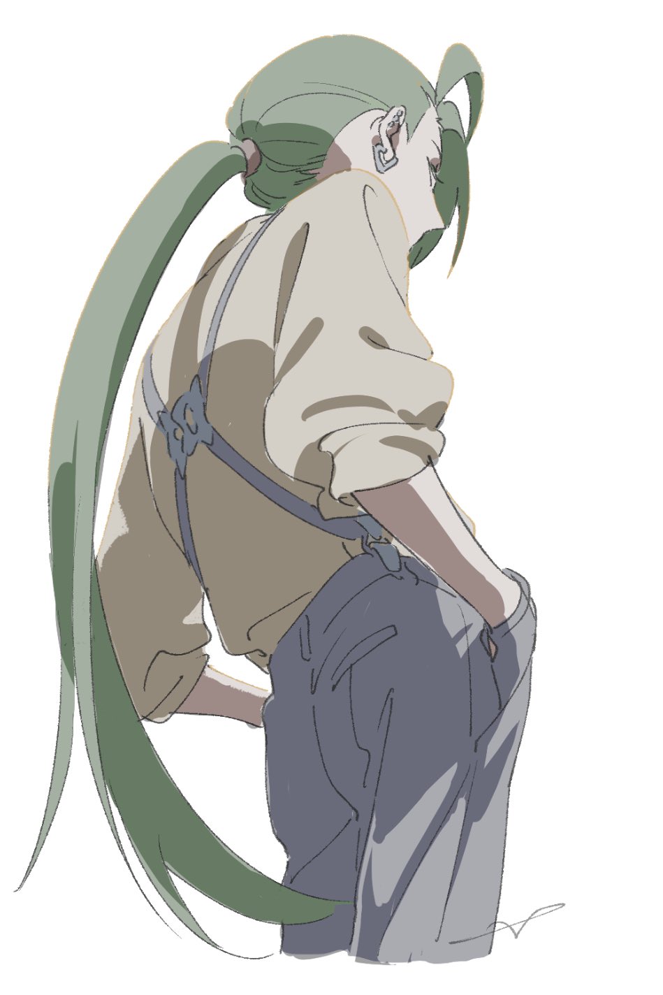 1girl creatures_(company) earrings game_freak gloves green_hair hand_in_pocket highres jewelry long_hair nintendo pants pokemon pokemon_sv ponytail rika_(pokemon) sankaku shirt simple_background three-quarter_sleeves solo stud_earrings suspenders white_background