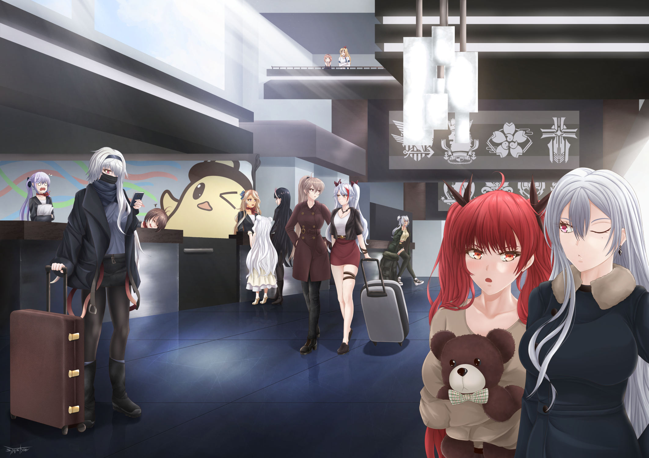 6+girls alabama_(azur_lane) azur_lane baltimore_(azur_lane) belt black_boots black_hair black_hairband black_jacket black_pantyhose black_shoes blonde_hair boots breasts brooklyn_(azur_lane) brown_coat brown_hair brown_sweater cellphone character_request cleavage cleveland_(azur_lane) coat colorado_(azur_lane) dark-skinned_female dark_skin eagle_union_(emblem) essex_(azur_lane) eyewear_on_head full_body fur_trim green_jacket green_legwear green_shorts hair_between_eyes hair_ornament hair_over_one_eye hairband highres holding holding_paper holding_toy honolulu_(azur_lane) horns indoors iris_libre_(emblem) iron_blood_(emblem) jacket jean_bart_(azur_lane) large_breasts le_malin_(azur_lane) long_hair long_sleeves looking_down luggage manjuu_(azur_lane) multiple_girls noshiro_(azur_lane) oni_horns open_clothes open_jacket open_mouth pantyhose paper phone prinz_eugen_(azur_lane) purple_hair red_eyes red_hair red_neckwear red_skirt rolling_suitcase royal_navy_emblem_(azur_lane) sakura_empire_(emblem) sardegna_empire_(emblem) shoes short_hair shorts sitting skirt sleeping smartphone sovetskaya_rossiya_(azur_lane) suitcase sunglasses sweater syn_(synstyle) thigh_strap thighhighs tiptoes toy twintails very_long_hair vichya_dominion_(emblem) white_hair zettai_ryouiki