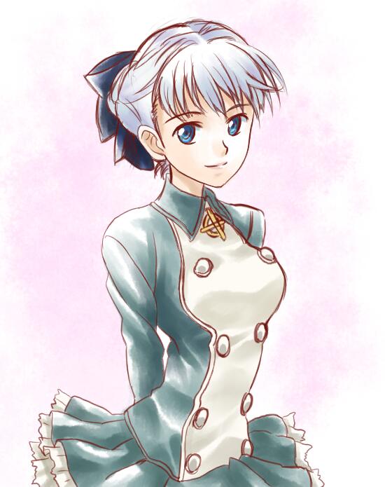 1girl alice_elliot arms_behind_back blue_bow blue_dress blue_eyes blue_ribbon bow breasts closed_mouth commentary_request cross dress facing_viewer female_focus frilled_dress frilled_skirt frills hair_bow hair_bun hair_ornament hair_ribbon happy link_(aa30) long_sleeves looking_at_viewer medium_breasts multicolored_dress ribbon shadow_hearts short_hair simple_background skirt smile solo standing white_background white_dress white_hair