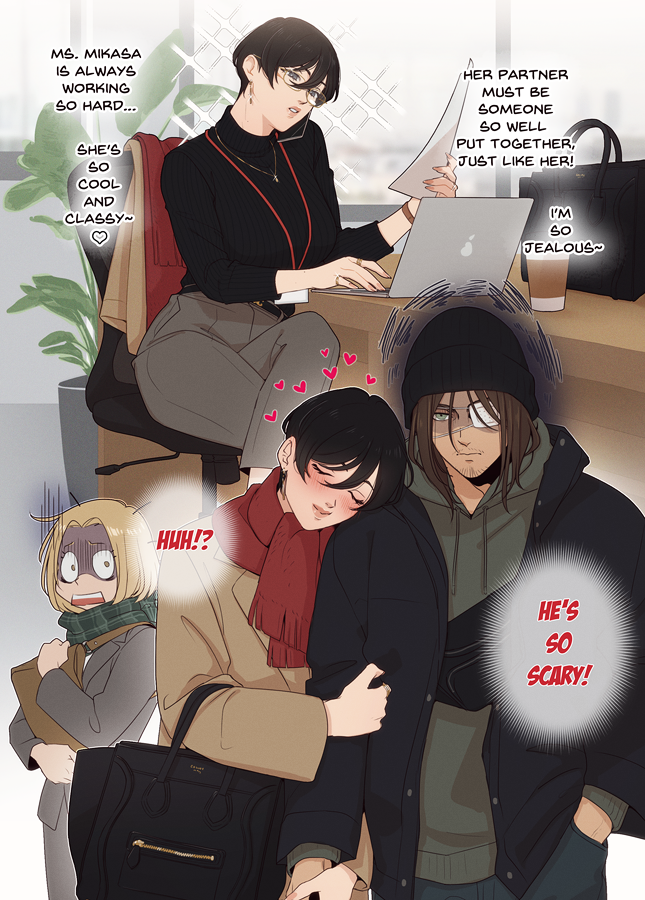 1boy 1girl 1other alternate_universe bag beanie black_hair black_hat black_jacket black_sweater blonde_hair blue_eyes blush bracelet brown_coat brown_hair closed_eyes closed_mouth coat commentary computer couple crossed_legs cup desk disposable_cup earrings english_text eren_yeager eyepatch facial_hair feet_out_of_frame formal_clothes glasses grey_hoodie grey_pants grey_suit hand_in_pocket hanpetos hat head_on_another&#039;s_shoulder heart height_difference holding holding_another&#039;s_arm holding_bag holding_hands hood hoodie indoors jacket jewelry laptop lips long_sleeves looking_at_another medical_eyepatch medium_hair mikasa_ackerman multiple_views necklace office office_lady on_chair open_clothes open_jacket open_mouth pants parted_lips pink_lips plant potted_plant red_scarf ring scarf shaded_face shingeki_no_kyojin short_hair sitting smile sparkle suit suit_jacket sweater symbol-only_commentary turtleneck turtleneck_sweater unworn_clothes unworn_coat unworn_scarf upper_body window