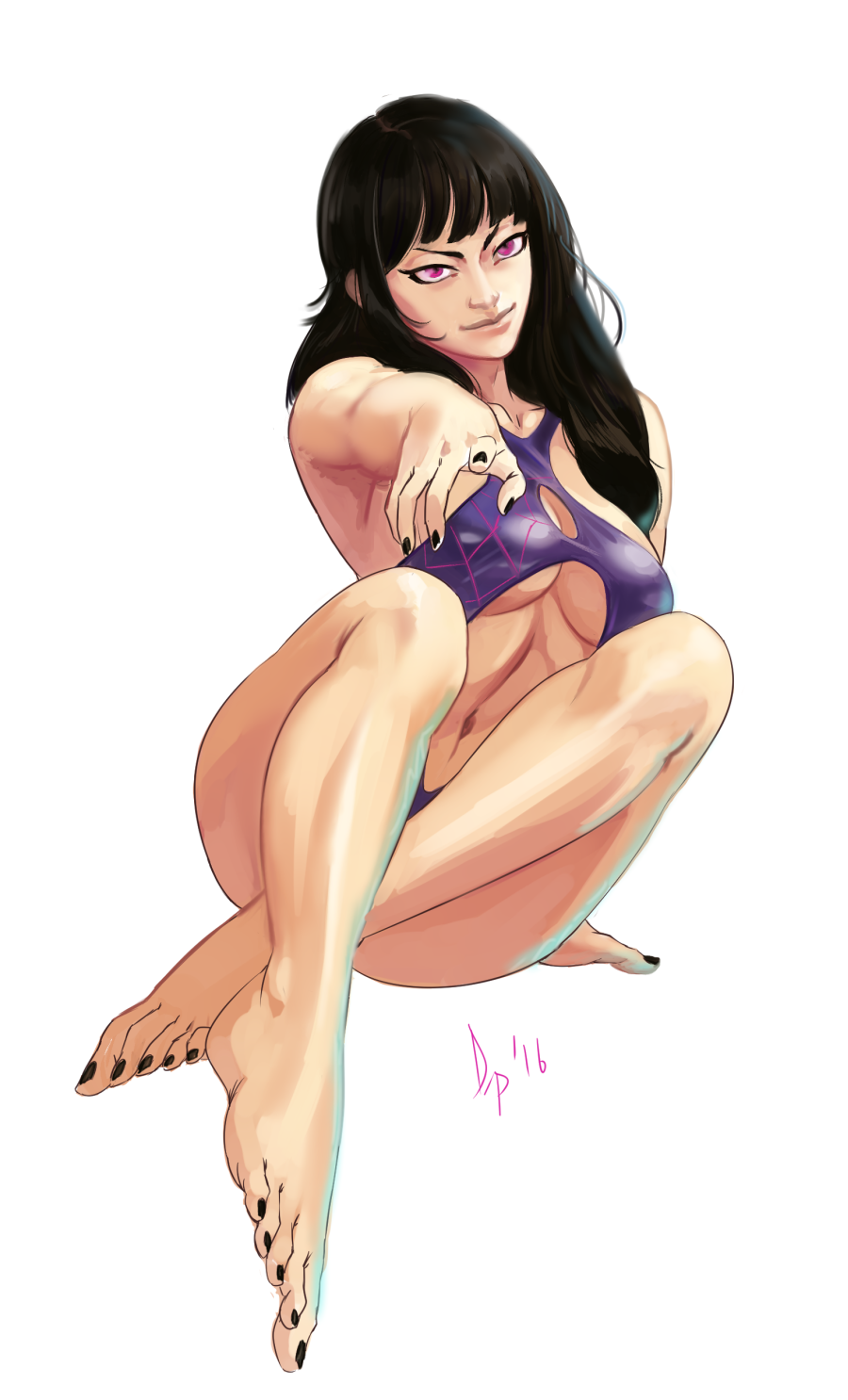 1girl barefoot black_nails breasts center_opening diepod female_focus full_body hair_down han_juri highres large_breasts lips long_hair nail_polish navel nose one-piece_swimsuit pointing pointing_at_viewer purple_eyes purple_one-piece_swimsuit sitting solo street_fighter street_fighter_iv_(series) swimsuit toenail_polish toenails toes underboob unfinished