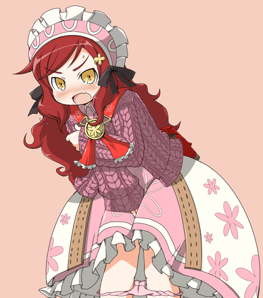 1girl 7th_dragon 7th_dragon_(series) blush fang female_focus hair_ornament hairclip hat healer_(7th_dragon) long_hair naitou_kouse orange_eyes panties panty_pull red_hair rosary_(7th_dragon) solo underwear