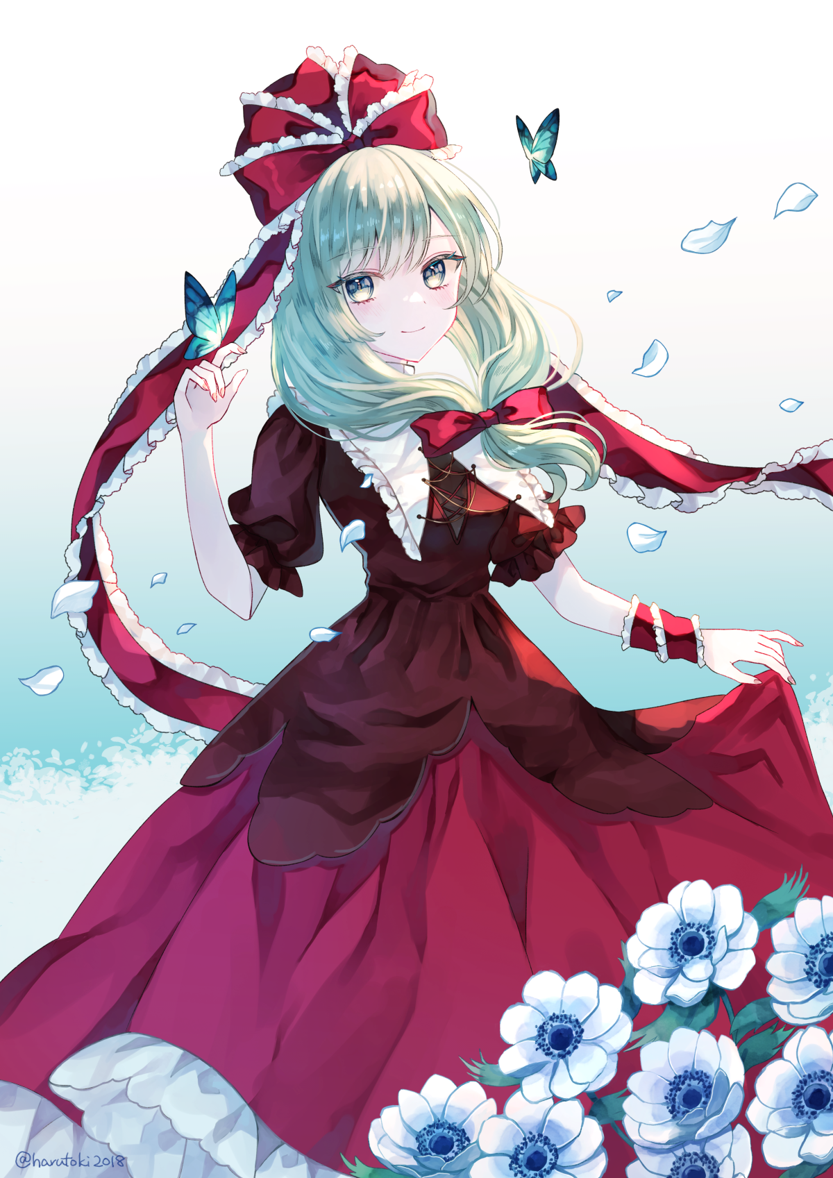 1girl anemone_(flower) blue_butterfly blue_flower bow bug butterfly butterfly_on_hand closed_mouth commentary_request falling_petals flower frilled_bow frilled_ribbon frills front_ponytail green_eyes green_hair hair_bow hair_ribbon highres insect kagiyama_hina long_hair looking_at_viewer miyakure petals red_bow red_ribbon red_skirt ribbon short_sleeves skirt skirt_hold smile solo touhou twitter_username white_flower wrist_ribbon