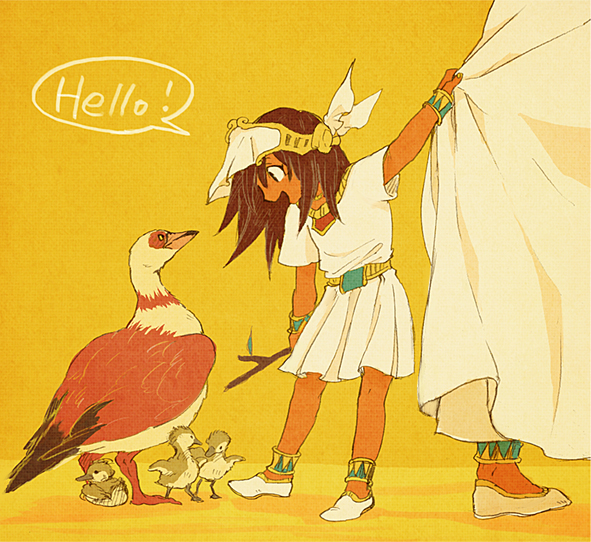 1girl animal baby_animal bird brown_hair child duck duckling english_text full_body holding holding_stick mana_(yu-gi-oh!) open_mouth robe shoes short_hair solo_focus speech_bubble stick white_robe white_shoes yellow_background yu-gi-oh! yu-gi-oh!_duel_monsters yuza