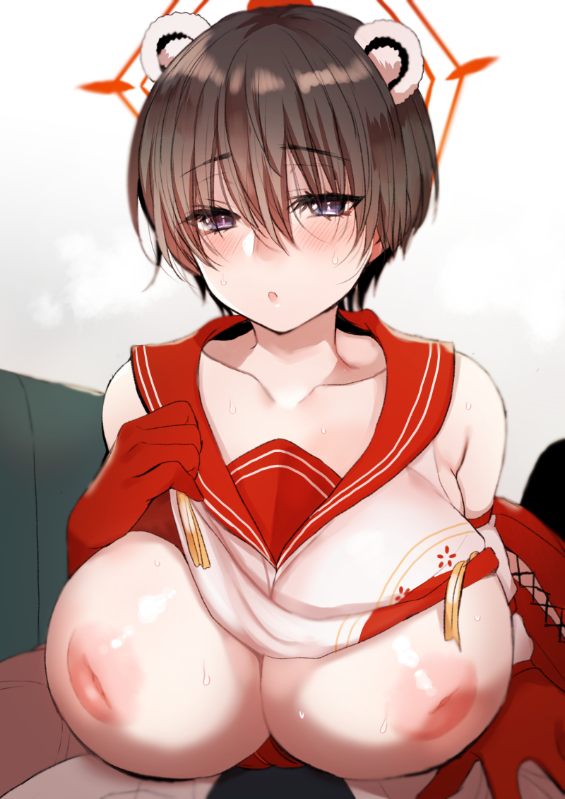 1girl :o animal_ears black_eyes black_hair blue_archive blurry blurry_background blush breasts clothes_lift clothing_cutout collarbone commentary_request couch cowboy_shot cross-laced_clothes cross-laced_cutout elbow_gloves extra_ears gloves hair_between_eyes half-closed_eyes halo hand_on_own_chest indoors inverted_nipples large_breasts lifting_own_clothes lying mamemix nipples on_stomach open_hand raccoon_ears raccoon_girl red_gloves red_halo red_sailor_collar red_skirt sailor_collar shirt shirt_lift short_hair skirt solo spread_fingers torogao tsubaki_(blue_archive)