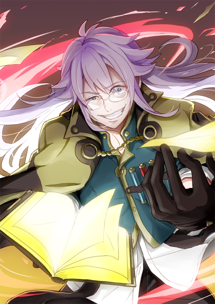 1boy black_gloves blue_eyes book brown_cape cape glasses gloves green_shirt grimoire kei02 kyou_ethnina long_hair looking_at_viewer open_mouth shirt smile solo tate_no_yuusha_no_nariagari very_long_hair white_hair