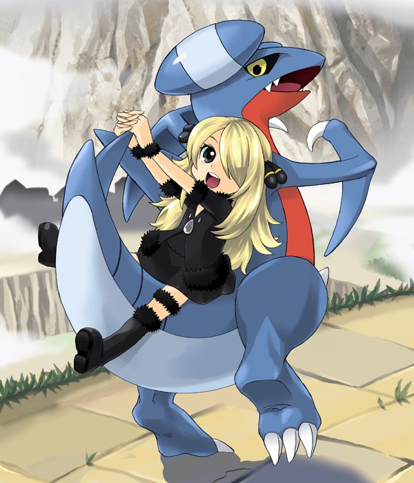 1girl aged_down black_footwear black_sclera black_shirt blonde_hair claws cloud colored_sclera cynthia_(pokemon) full_body gabite gen_4_pokemon hair_over_one_eye hijirino_yuuta long_hair long_sleeves nintendo open_mouth outdoors pokemon pokemon_(creature) pokemon_dppt riding riding_pokemon sharp_teeth shirt teeth yellow_eyes