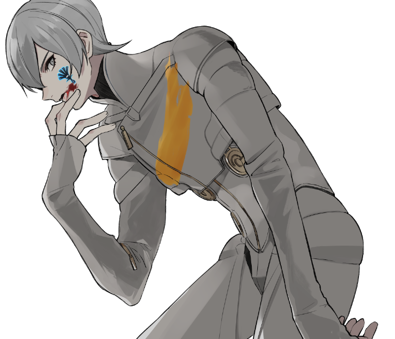 1boy arm_up blood blood_from_mouth blood_on_face digital_devil_saga facial_tattoo grey_eyes grey_hair grey_jacket grey_pants hair_behind_ear hair_between_eyes hand_on_own_face hunched_over jacket konbanha06 long_sleeves male_focus pants parted_lips profile serph simple_background sleeves_past_wrists solo tattoo white_background