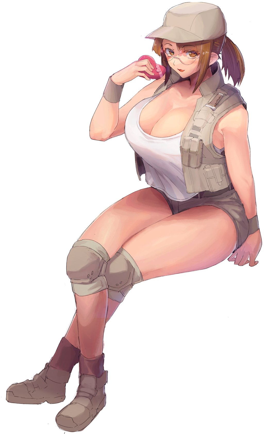 1girl baseball_cap belt box breasts brown_belt brown_eyes brown_footwear brown_hair brown_hat brown_shorts brown_socks brown_vest cleavage collarbone commentary_request crop_top crop_top_overhang fio_germi full_body glasses hat heart-shaped_box highres holding huge_breasts invisible_chair knee_pads looking_at_viewer madsensei metal_slug open_mouth ponytail round_eyewear shoes short_shorts shorts simple_background sitting sleeveless sleeveless_jacket socks tank_top thighs utility_vest valentine vest white_background white_tank_top wristband