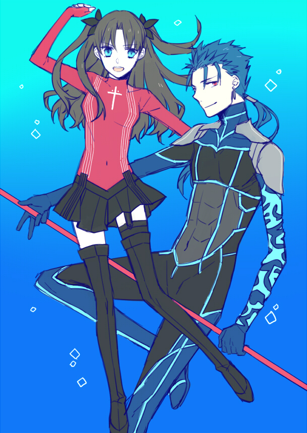 10s 1boy 1girl bad_id bad_pixiv_id black_hair black_thighhighs blue_eyes blue_hair bodysuit boots cu_chulainn_(fate) cu_chulainn_(fate/extra) cu_chulainn_(fate/stay_night) earrings fate/extra fate_(series) gae_bolg_(fate) hair_ribbon jewelry long_hair naname13 official_alternate_costume polearm ponytail red_eyes ribbon spear thigh_boots thighhighs tohsaka_rin two_side_up weapon