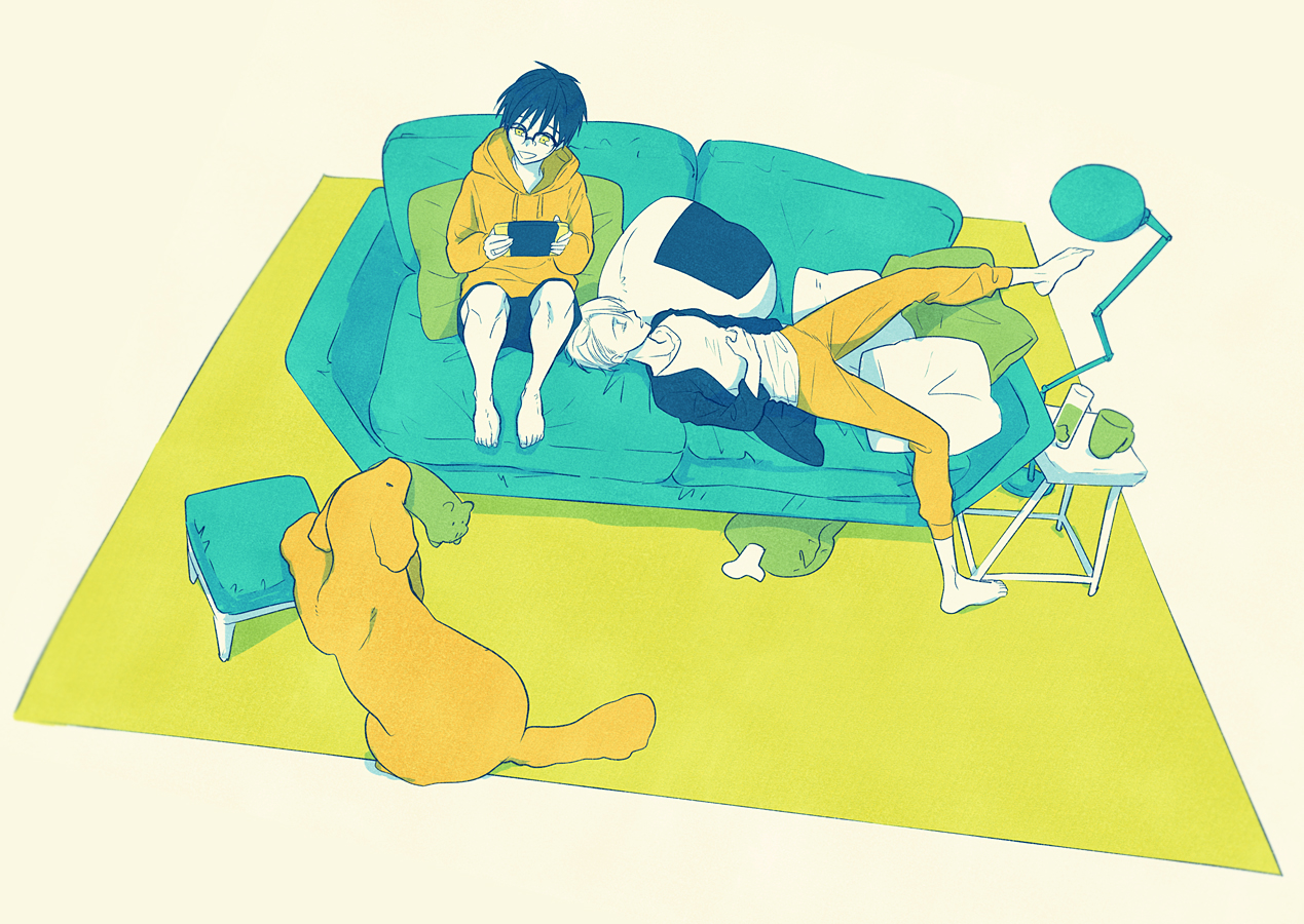 2boys black_hair brown_eyes couch cup dog drinking_glass closed_eyes glasses handheld_game_console hood hoodie katsuki_yuuri lamp limited_palette lying makkachin male_focus mug multiple_boys nintendo_switch open_mouth pillow shorts sitting smile tanao viktor_nikiforov yuri!!!_on_ice
