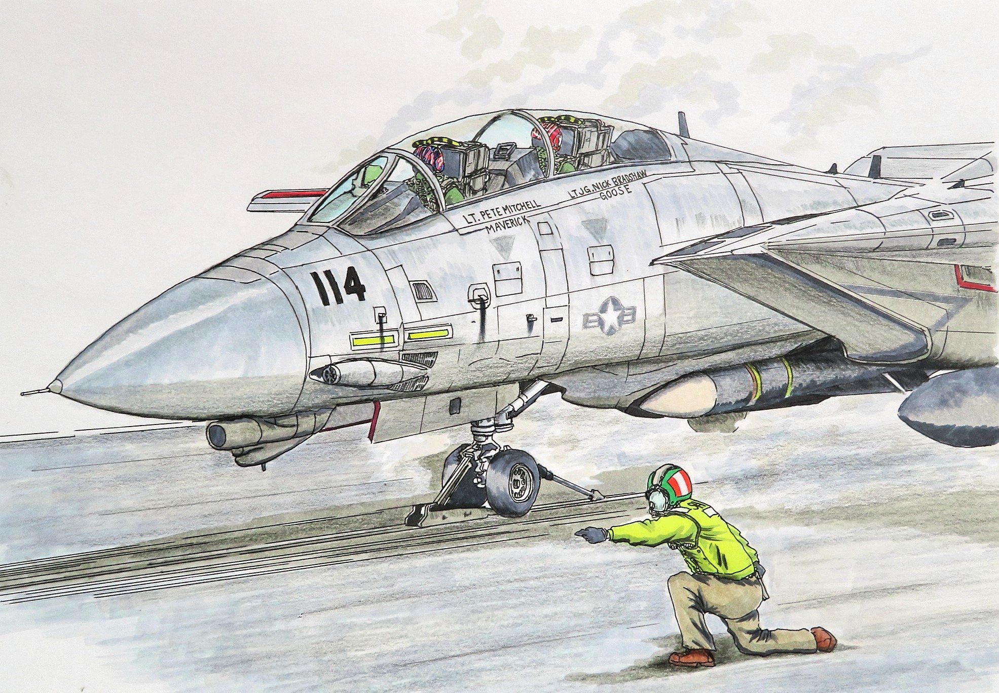 3boys aim-54_phoenix aircraft aircraft_carrier aircraft_marshaller airplane english_text f-14_tomcat fighter_jet flight_suit headphones helmet high-visibility_clothing high-visibility_vest highres military military_vehicle multiple_boys nick_&quot;goose&quot;_bradshaw pete_&quot;maverick&quot;_mitchell pilot pilot_helmet ship smile_(jdsmyoko) takeoff top_gun united_states_navy warship watercraft