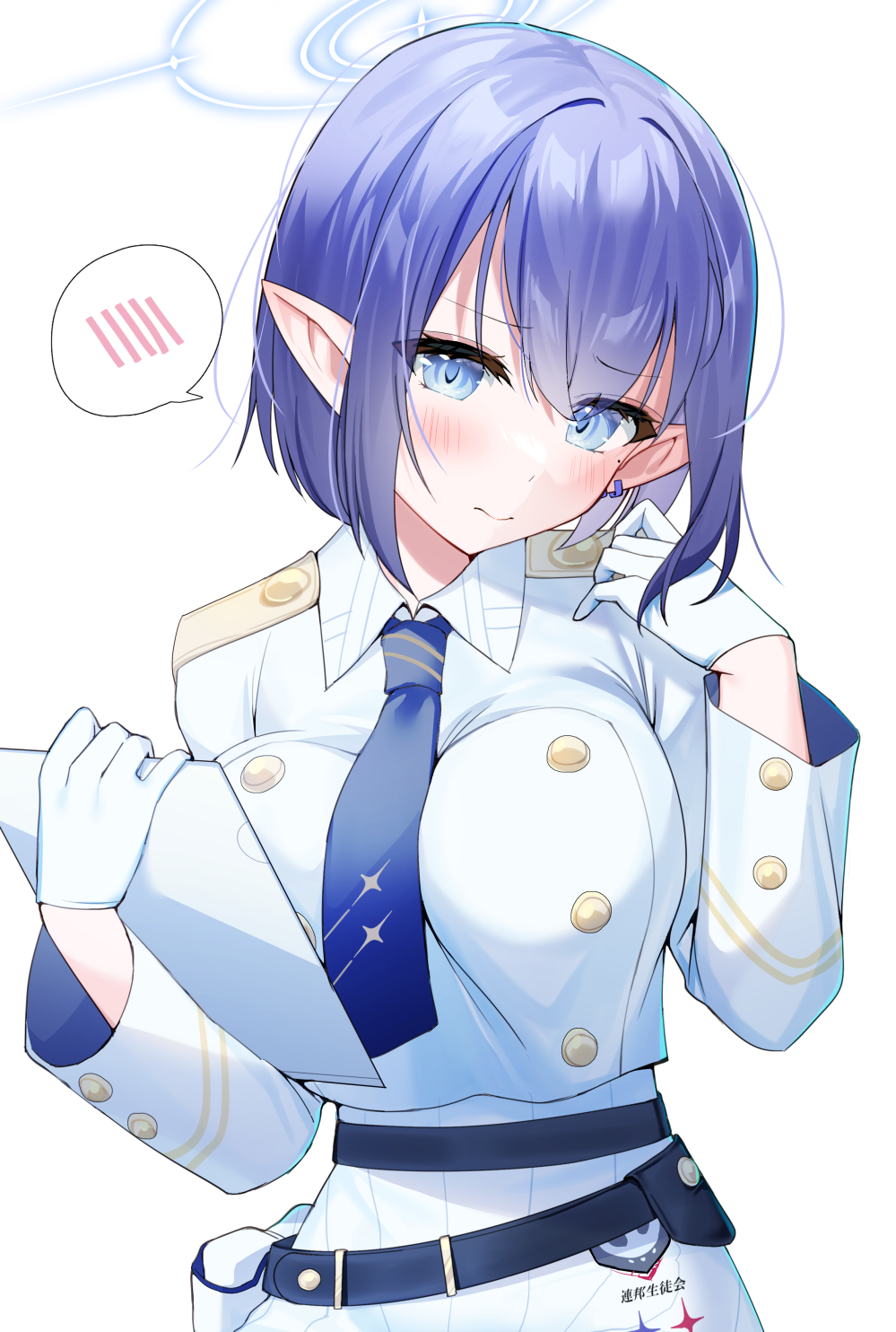 1girl aoi_(blue_archive) belt blue_archive blue_eyes blush breasts buttons clipboard collared_shirt commentary_request double-breasted earrings embarrassed gloves halo hand_up highres holding holding_clipboard holster jewelry large_breasts manya_drhr necktie pointy_ears purple_eyes shirt short_hair solo spoken_blush