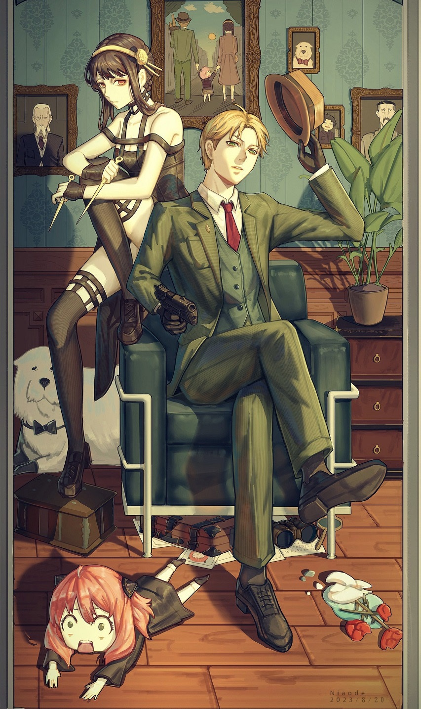 1boy 2girls anya_(spy_x_family) aqua_vest armchair artist_name binoculars black_bow black_dress black_gloves black_hair black_shoes black_socks black_thighhighs blonde_hair bow breasts briefcase broken_vase brown_shoes chair chest_of_drawers chinese_commentary cleavage coat commentary dagger dated dog dress feet_on_chair fingerless_gloves flower gloves green_coat green_eyes green_pants gun hair_bow hair_flower hair_ornament hairband hat highres holding holding_gun holding_knife holding_unworn_clothes holding_unworn_hat holding_weapon indoors knife looking_at_viewer lying magnifying_glass multiple_girls necktie niao_de on_chair on_floor on_stomach open_mouth orange_eyes pants paper picture_frame pink_hair plant potted_plant puddle red_flower red_necktie red_rose rose shirt shoes short_hair short_twintails sitting socks spy_x_family stiletto_(weapon) teeth thighhighs twilight_(spy_x_family) twintails unworn_hat unworn_headwear upper_teeth_only weapon white_dog white_shirt white_socks wide-eyed wooden_floor yellow_flower yellow_hairband yor_briar