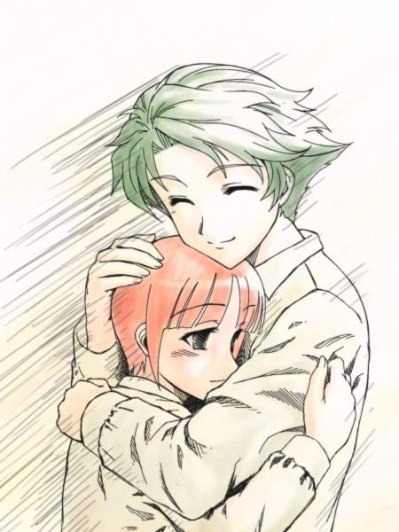 aya_kobayashi banpresto green_hair hug mai_kobayashi pink_hair short_hair siblings sisters super_robot_wars super_robot_wars_original_generation