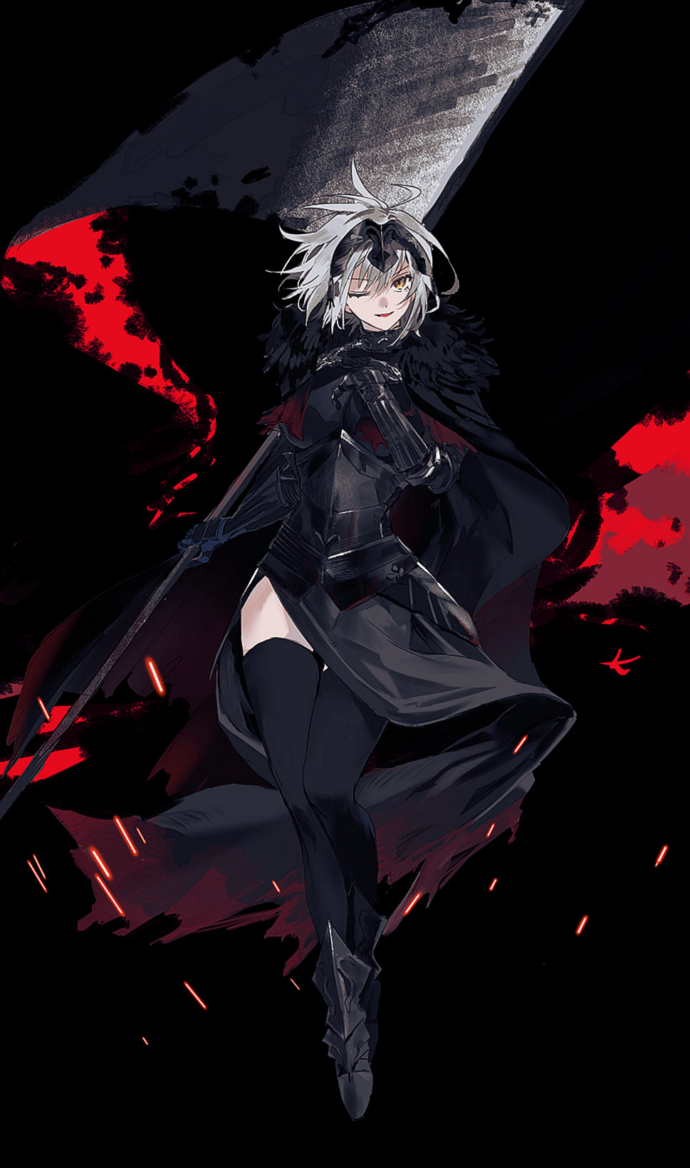 1girl ;d ahoge armor armored_boots armored_dress banner black_background black_cape black_dress black_thighhighs boots breasts cape chain dress fate/grand_order fate_(series) faulds flag full_body fur-trimmed_cape fur_trim gauntlets gloves hand_on_own_chest headpiece highres holding holding_flag jeanne_d&#039;arc_alter_(avenger)_(fate) jeanne_d&#039;arc_alter_(avenger)_(first_ascension)_(fate) jeanne_d&#039;arc_alter_(fate) large_breasts looking_at_viewer one_eye_closed open_mouth plackart short_hair simple_background smile solo ss_un17 standard_bearer thighhighs torn_cape torn_clothes torn_flag white_flag white_hair yellow_eyes