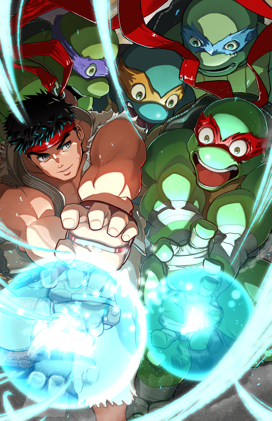 5boys bandaged_arm bandaged_foot bandaged_hand bandages black_hair blue_light blue_mask brown_eyes colored_skin donatello_(tmnt) dougi fujioka_yatsufusa gauntlets green_eyes green_skin hadouken headband highres leonardo_(tmnt) looking_ahead looking_at_another male_focus michelangelo_(tmnt) multiple_boys muscular muscular_male open_mouth orange_mask orb pants purple_mask raphael_(tmnt) red_headband red_mask ryu_(street_fighter) shadow short_hair sleeveless street_fighter teenage_mutant_ninja_turtles thick_eyebrows turtle turtle_shell white_pants wide-eyed