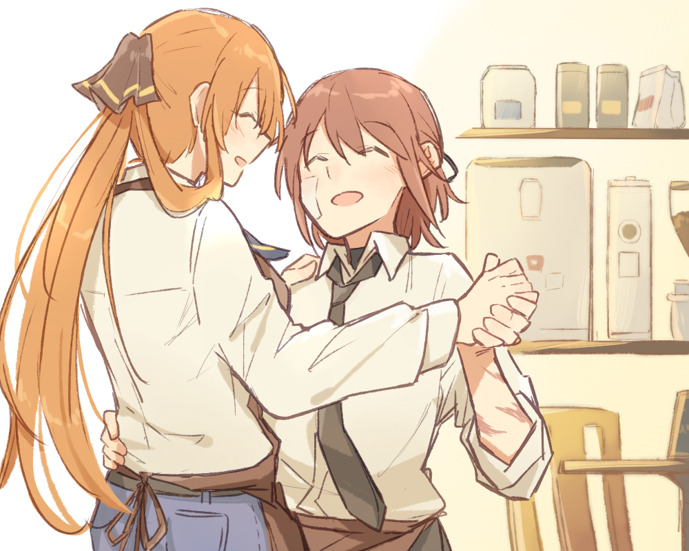 1boy 1girl apron bandages barista blouse cafe collared_shirt commander_(girls&#039;_frontline) dancing denim closed_eyes girls&#039;_frontline hair_rings height_difference jeans necktie pants ponytail shirt springfield_(girls&#039;_frontline) white_shirt xinhao
