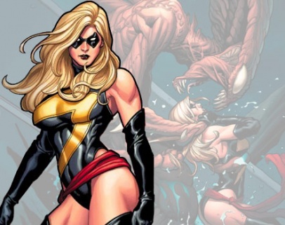 1girl black_gloves black_thighhighs blonde_hair breasts carol_danvers cowboy_shot elbow_gloves frank_cho gloves long_hair lowres marvel mask monster ms_marvel non-web_source struggling superhero_costume thighhighs