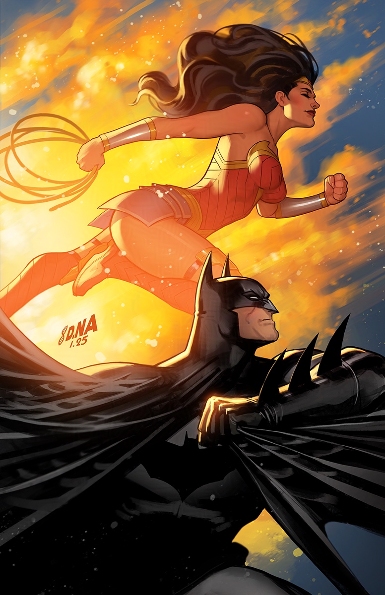 1boy 1girl bare_shoulders batman batman_(series) bead_bracelet beads black_cape black_gloves black_hair bodysuit boots bracelet breasts cape david_nakayama dc_comics gloves grey_bodysuit highres holding_lasso jewelry lasso lasso_of_truth long_hair medium_breasts strapless superhero_costume wonder_woman wonder_woman_(series)