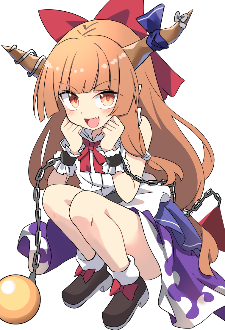 1girl :d bare_legs bare_shoulders belt black_shoes blunt_bangs blush bow bowtie brown_horns chain collared_shirt commentary cuffs e.o. fang footwear_bow frilled_cuffs full_body hair_bow hands_on_own_cheeks hands_on_own_face horn_bow horn_ornament horns ibuki_suika looking_at_viewer open_mouth orange_eyes orange_hair pointy_ears purple_skirt red_bow red_bowtie shackles shirt shoes sidelocks simple_background skin_fang skirt sleeveless sleeveless_shirt smile solo squatting touhou white_background white_shirt wrist_cuffs