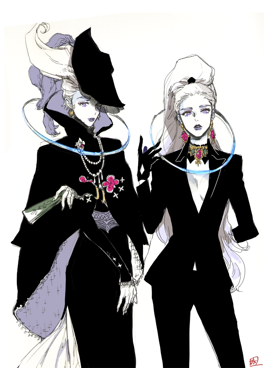 1boy 1girl akame_(chokydaum) black_dress black_hat blue_skin brother_and_sister colored_skin dragon_ball dragon_ball_super dress earrings hat jewelry long_hair ponytail purple_lips siblings suits vados_(dragon_ball) whis white_hair