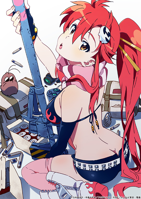 00s 1girl anti-materiel_rifle ass bag belt bikini bikini_top_only boota_(ttgl) boots breasts bullet butt_crack fingerless_gloves gainaxtop gloves gun hair_ornament long_hair looking_back nishigori_atsushi ponytail red_hair rifle scarf short_shorts shorts sitting skull_hair_ornament sniper_rifle swimsuit tengen_toppa_gurren_lagann thighhighs wariza weapon yellow_eyes yoko_littner