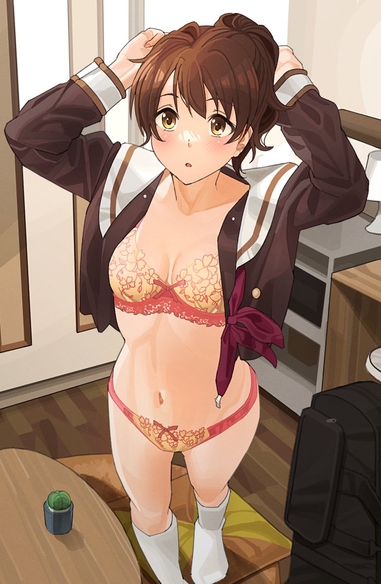 1girl :o arms_up blush bra breasts brown_eyes brown_hair brown_shirt cactus commentary_request floral_print full_body hibike!_euphonium highres indoors kitauji_high_school_uniform lamp lampshade long_sleeves looking_up medium_breasts navel neckerchief no_pants no_shoes open_clothes open_shirt oumae_kumiko panties parted_lips red_neckerchief ribbon_as_bra bow_panties sailor_collar school_uniform shirt short_hair socks solo standing table tipii underwear white_sailor_collar white_socks yellow_bra yellow_panties