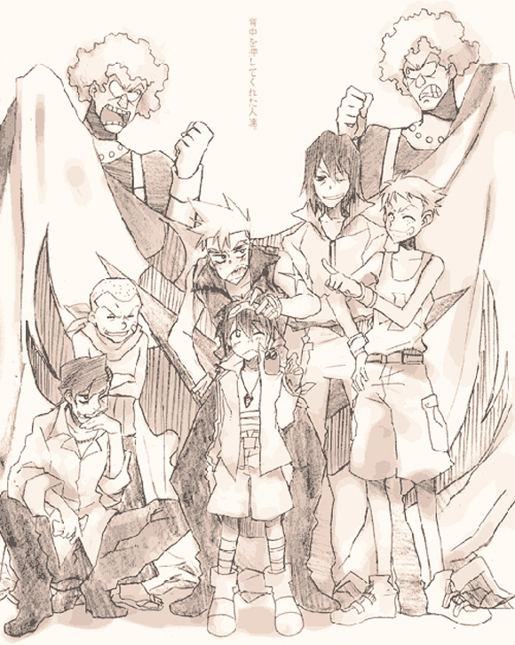 00s 6+boys :d ;( ;d ^_^ afro ailac_coega bandaged_leg bandages bandaid bandaid_on_face bare_arms bare_shoulders barinbo boota_(ttgl) cigarette clenched_hand closed_eyes clothes_writing collarbone collared_shirt crossed_arms drill everyone fingerless_gloves flag gloves goggles goggles_on_head grin hand_on_another&#039;s_head hand_on_own_hip headpat height_difference jacket jewelry jogan kidd_coega kittan_bachika logo long_sleeves makken male_focus monochrome multiple_boys necklace one_eye_closed open_clothes open_jacket open_mouth pants pendant pointing scar scarf shirt shoes short_hair shorts simon_(ttgl) smile spiked_hair squatting standing sunglasses sweatband tank_top teeth tengen_toppa_gurren_lagann very_short_hair vest wing_collar zoushi_kanai