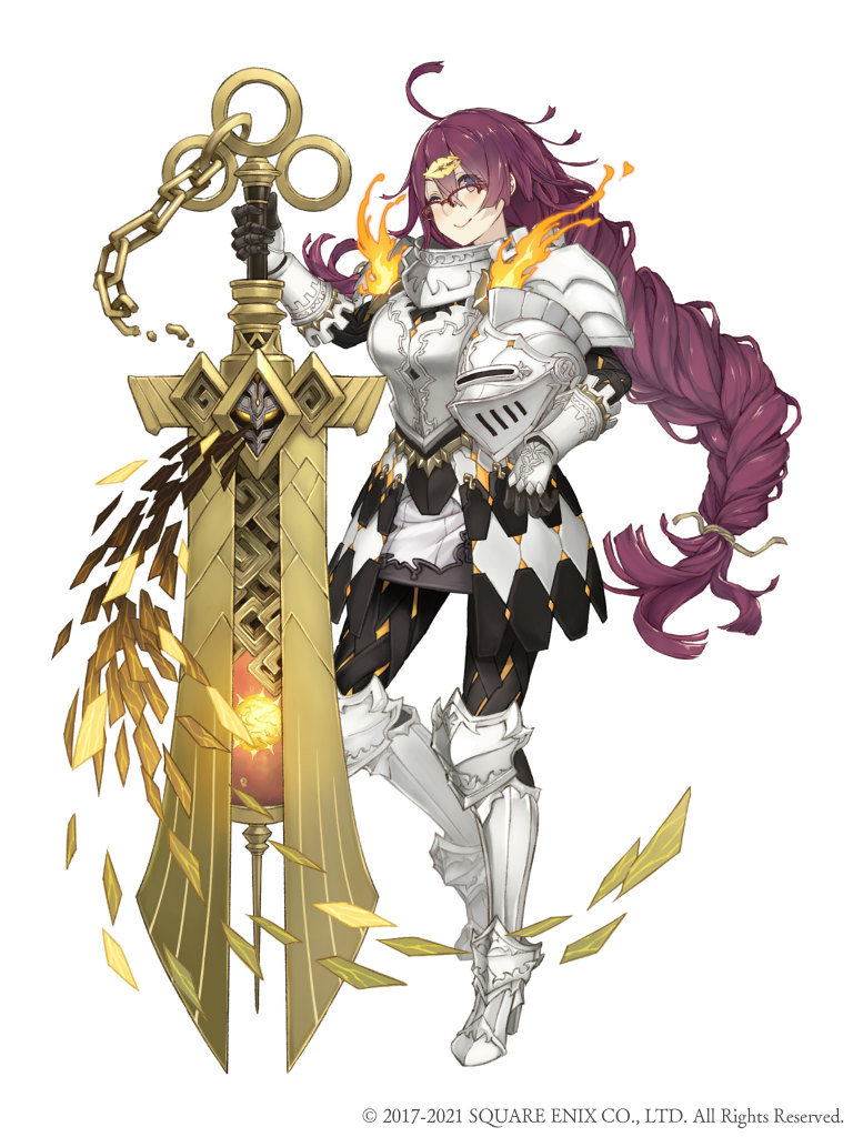 1girl ahoge armor armored_boots blue_eyes boots braid breastplate dorothy_(sinoalice) faulds full_body gauntlets glasses hair_ornament hairclip unworn_headwear helmet unworn_helmet holding holding_helmet holding_sword holding_weapon huge_weapon ji_no long_hair looking_at_viewer messy_hair official_art one_eye_closed over-rim_eyewear plate_armor purple_hair semi-rimless_eyewear shoulder_armor sinoalice smile solo square_enix sword weapon white_background