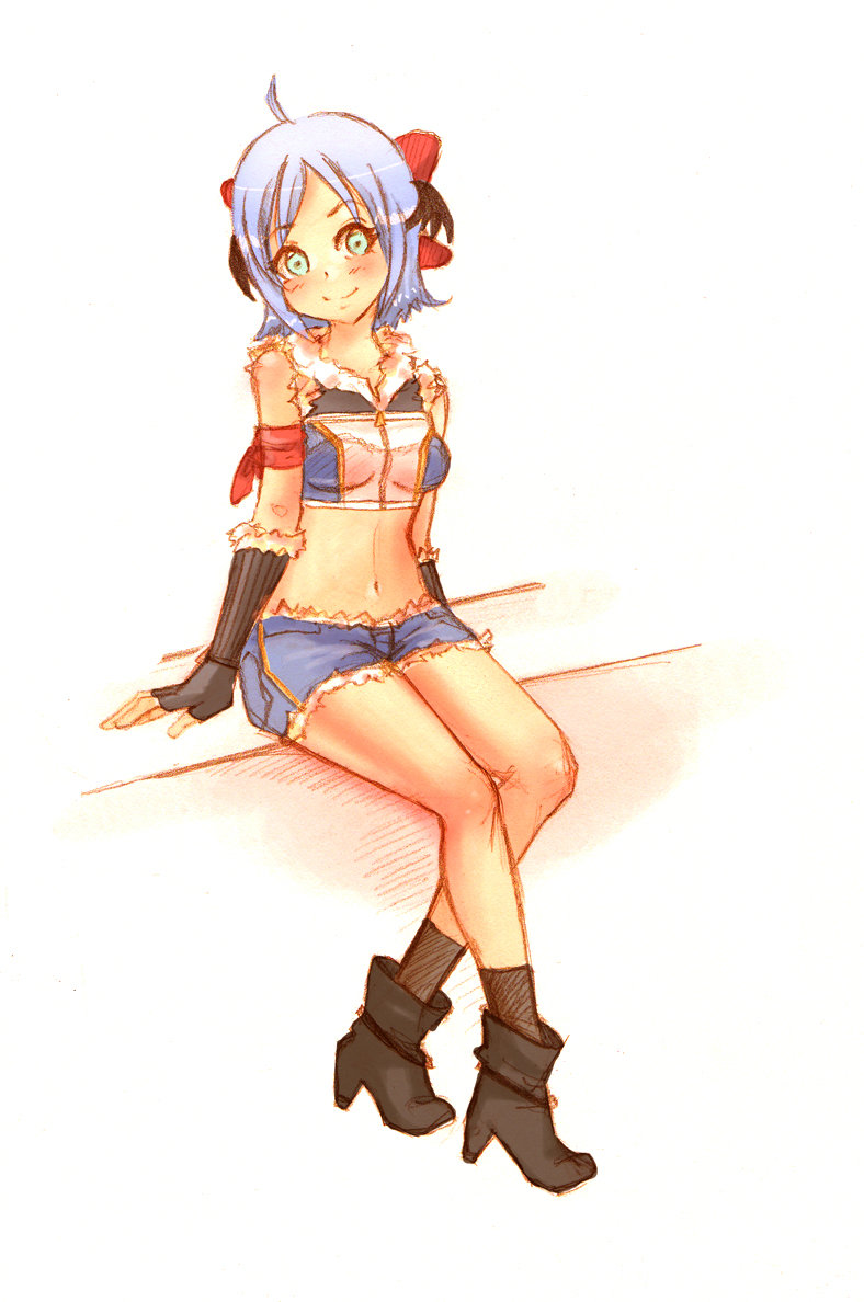 1girl alternate_color armband black_boots black_gloves black_socks black_wings blue_eyes blue_hair blue_shirt blue_shorts blush boots bow closed_mouth commentary crop_top demon_wings english_commentary fingerless_gloves full_body fur-trimmed_gloves fur-trimmed_shirt fur-trimmed_shorts fur_trim gloves hair_bow head_wings looking_at_viewer midriff navel pickacolour ragnarok_online red_bow shirt short_hair shorts simple_background sitting sleeveless sleeveless_shirt smile sniper_(ragnarok_online) socks solo two-tone_shirt white_background white_shirt wings