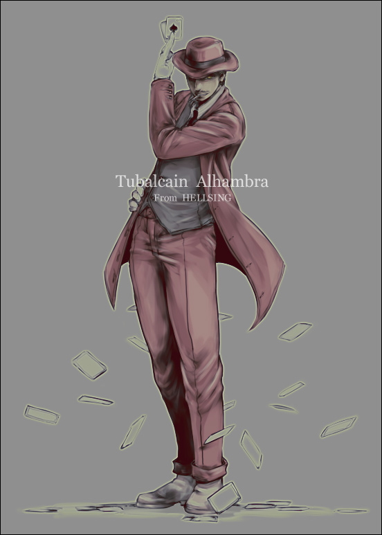 1boy bad_id bad_pixiv_id card cigarette floating_card formal_clothes full_body hat hellsing holding holding_card kago1205 male_focus solo tubalcain_alhambra