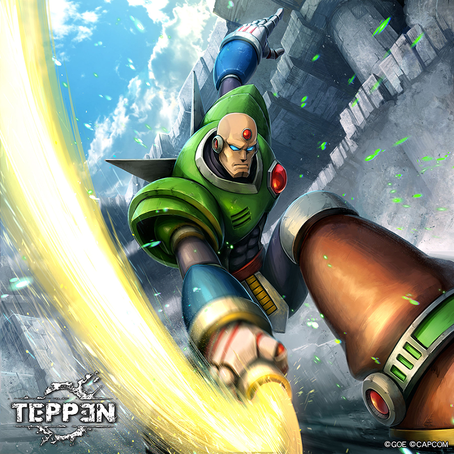 1boy android arm_up armor bald blue_eyes blue_sky blurry boots brown_boots closed_mouth cloud commentary_request copyright_logo copyright_name copyright_notice energy_sword forehead_jewel green_armor holding holding_sword holding_weapon incoming_attack ishida_baru logo male_focus mega_man_(series) mega_man_x_(series) official_art robot_ears serious sigma_(mega_man) sky solo sword teppen weapon
