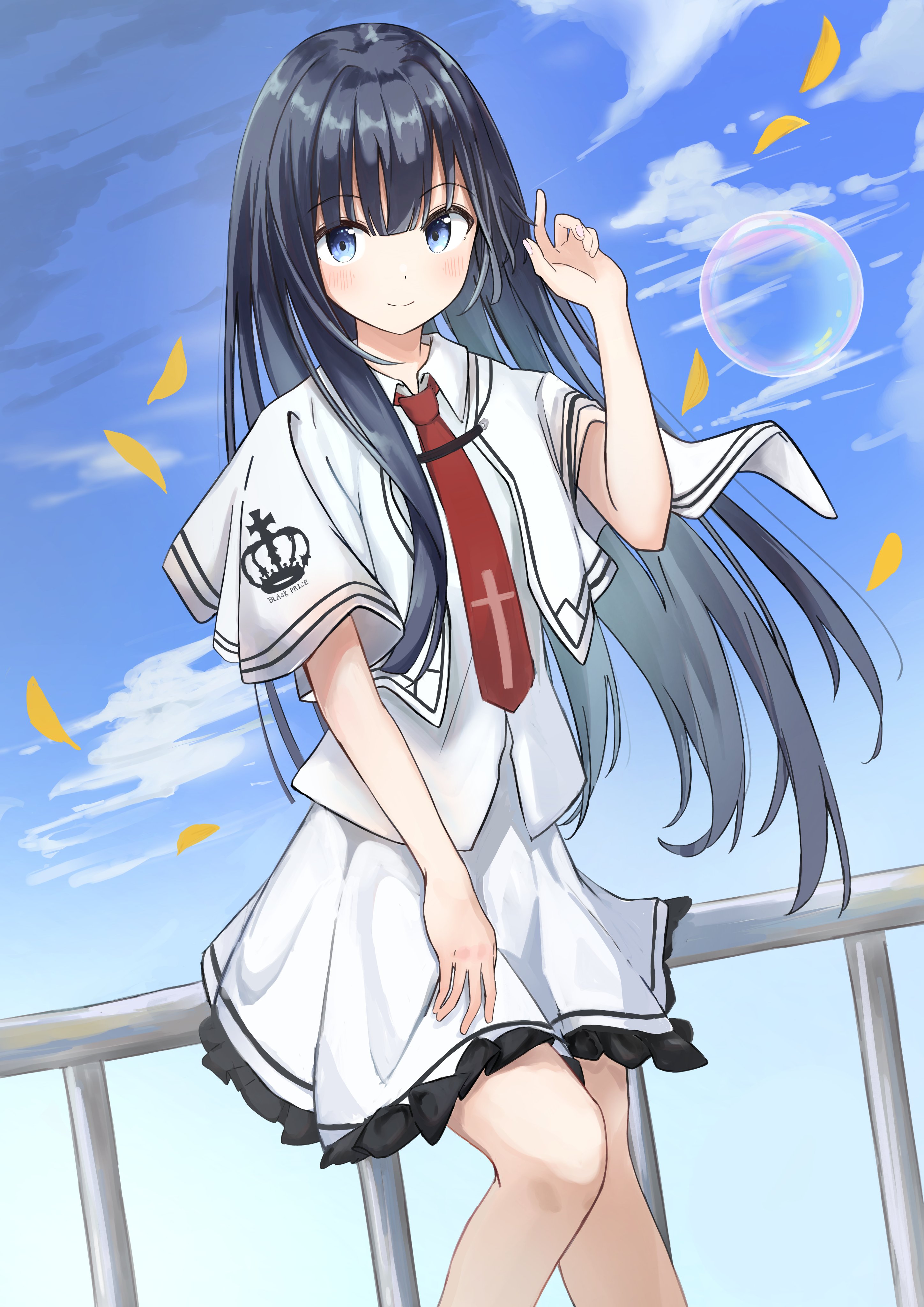 1girl absurdres against_railing black_hair blue_eyes blunt_bangs bubble capelet closed_mouth cloud collared_shirt cowboy_shot cross cross_print crown_print day frilled_skirt frills hand_up highres leaf long_hair looking_at_viewer necktie outdoors railing red_necktie school_uniform shirt skirt sky smile solo standing straight_hair subarashiki_hibi takashima_zakuro white_capelet white_shirt white_skirt you0812n