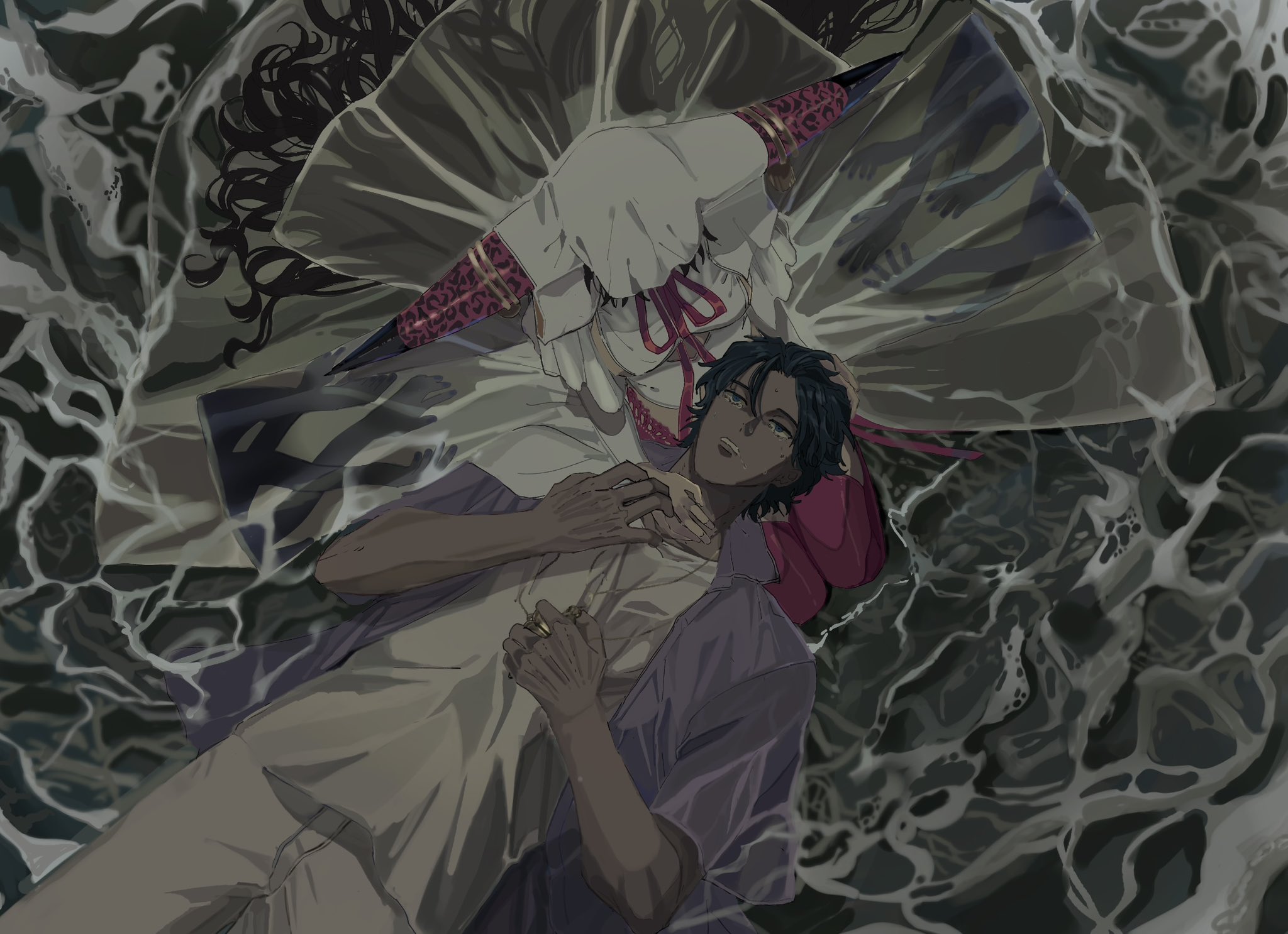 1boy 1girl bartholomew_roberts_(fate) bartholomew_roberts_(smiley_summer_wear)_(fate) black_hair blue_eyes clenched_hand crying crying_with_eyes_open dark-skinned_male dark_skin dress fate/grand_order fate_(series) from_above genjitsu_(pb_dbi) hair_between_eyes hair_spread_out hand_on_another's_head hand_on_another's_neck hands_up highres holding horn_ornament horn_ring horns jacket jewelry lap_pillow long_hair looking_up lying necklace on_back outdoors pants parted_lips partially_submerged pink_horns pink_ribbon purple_jacket ribbon sessyoin_kiara sessyoin_kiara_(heaven's_hole) sessyoin_kiara_(third_ascension) shirt short_hair short_sleeves sitting tears veil water wavy_hair white_dress white_pants white_shirt white_veil