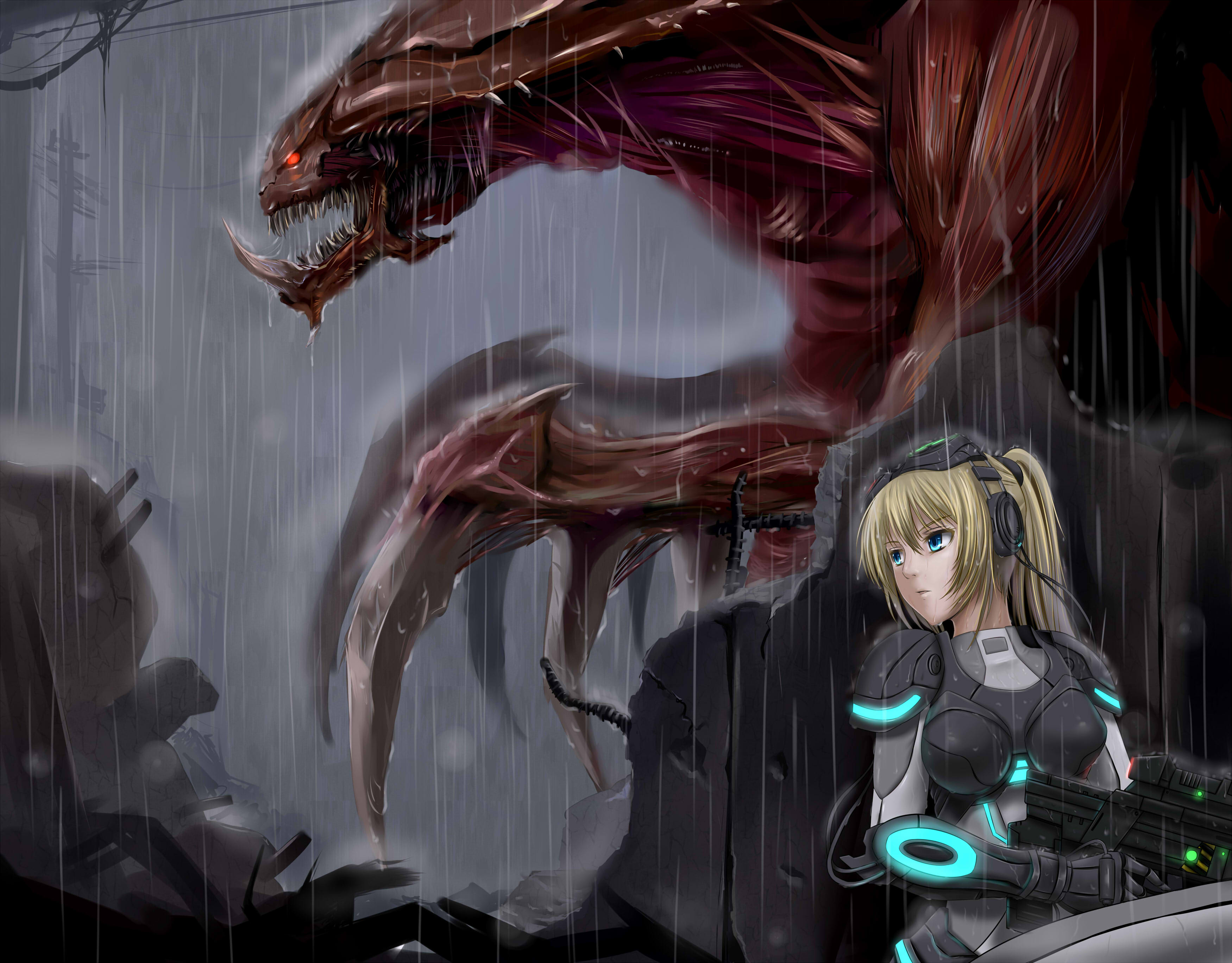 1girl absurdres aqua_eyes armor blonde_hair bodysuit fang ghost_(starcraft) goggles goggles_on_head gun headphones hiding highres hydralisk monster neon_trim nova_(starcraft) ponytail power_armor rain red_eyes rifle starcraft starcraft_2:_wings_of_liberty terran weapon windtalker zerg_(starcraft)