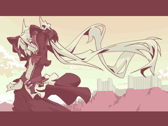 1girl adjusting_hair arms_up cowboy_shot female_focus floating_hair from_side letterboxed long_hair long_sleeves mof mof&#039;s_silver_haired_twintailed_girl monochrome oekaki original red_theme solo tying_hair very_long_hair
