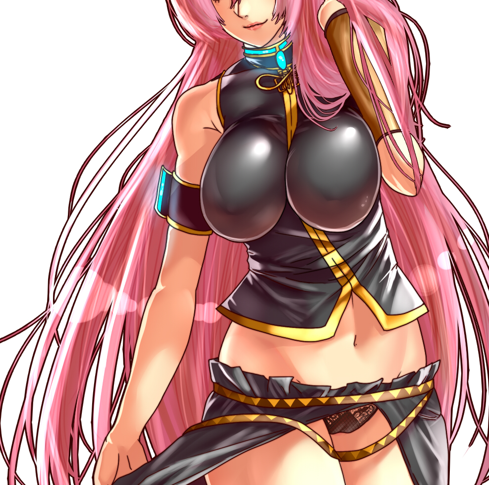 breasts close-up lace lace_panties large_breasts megurine_luka midriff panties pink_hair puu_maru simple_background smile underwear vocaloid