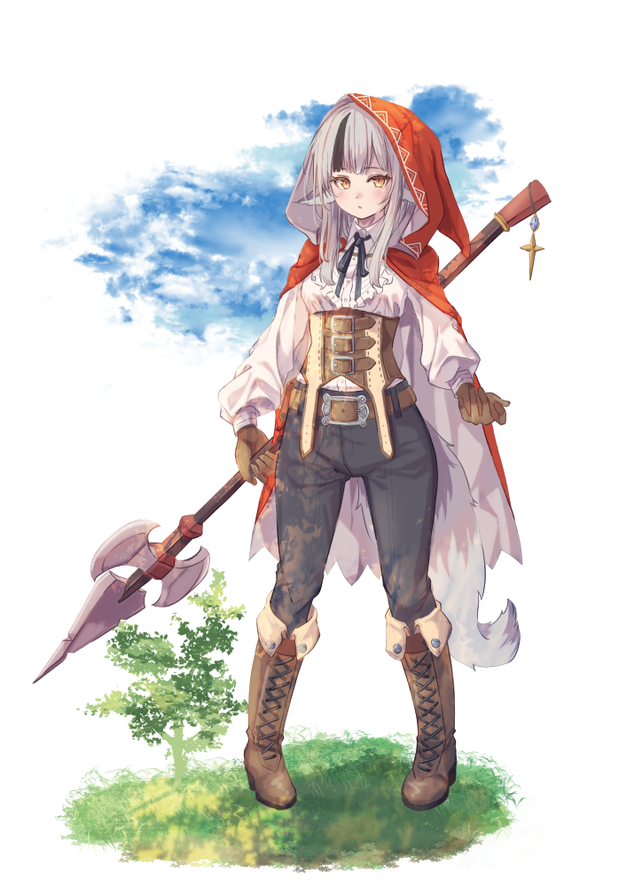 1girl animal_ears belt belt_buckle black_hair black_pants black_ribbon bodice boots brown_belt brown_boots brown_gloves buckle cape commentary_request crying fire_emblem fire_emblem_fates fuussu_(21-kazin) gloves grey_hair holding holding_polearm holding_weapon hood hood_up hooded_cape long_hair long_sleeves neck_ribbon nintendo pants polearm red_cape red_eyes ribbon shirt solo spear streaming_tears tail tears velouria_(fire_emblem) weapon white_shirt wolf_ears wolf_girl wolf_tail