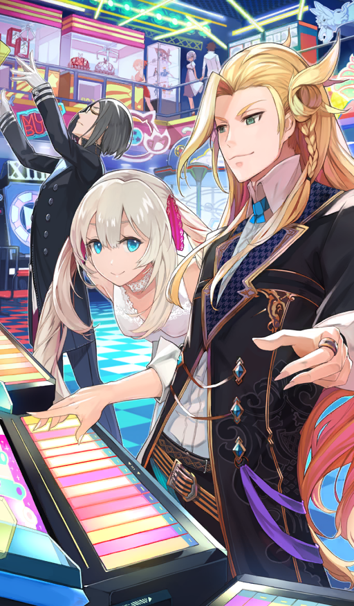3boys 3girls arcade arcade_cabinet arms_up bemani black_coat black_hair black_jacket black_pants blonde_hair blue_eyes blue_ribbon braid breasts buttons cameo character_figure choker closed_eyes closed_mouth coat commentary crane_game double-breasted double-parted_bangs dress fate/grand_order fate/grand_order_arcade fate_(series) fingernails fou_(fate) fujimaru_ritsuka_(female) fujimaru_ritsuka_(male) glasses gloves hair_tie high_collar indoors jacket jewelry kurosawa_tetsu lapels leaning_forward long_hair looking_at_another male_focus marie_antoinette_(fate) mash_kyrielight multiple_boys multiple_girls neck_ribbon neon_sign nostalgia_(game) official_alternate_costume official_art pants phantom_of_the_opera_(fate) playing_games ribbon ring sharp_fingernails shirt short_hair sidelocks sleeveless sleeveless_dress smile third-party_source three-quarter_sleeves twintails v-neck v-shaped_eyebrows very_long_hair white_choker white_dress white_gloves white_hair white_shirt wing_collar wolfgang_amadeus_mozart_(fate)
