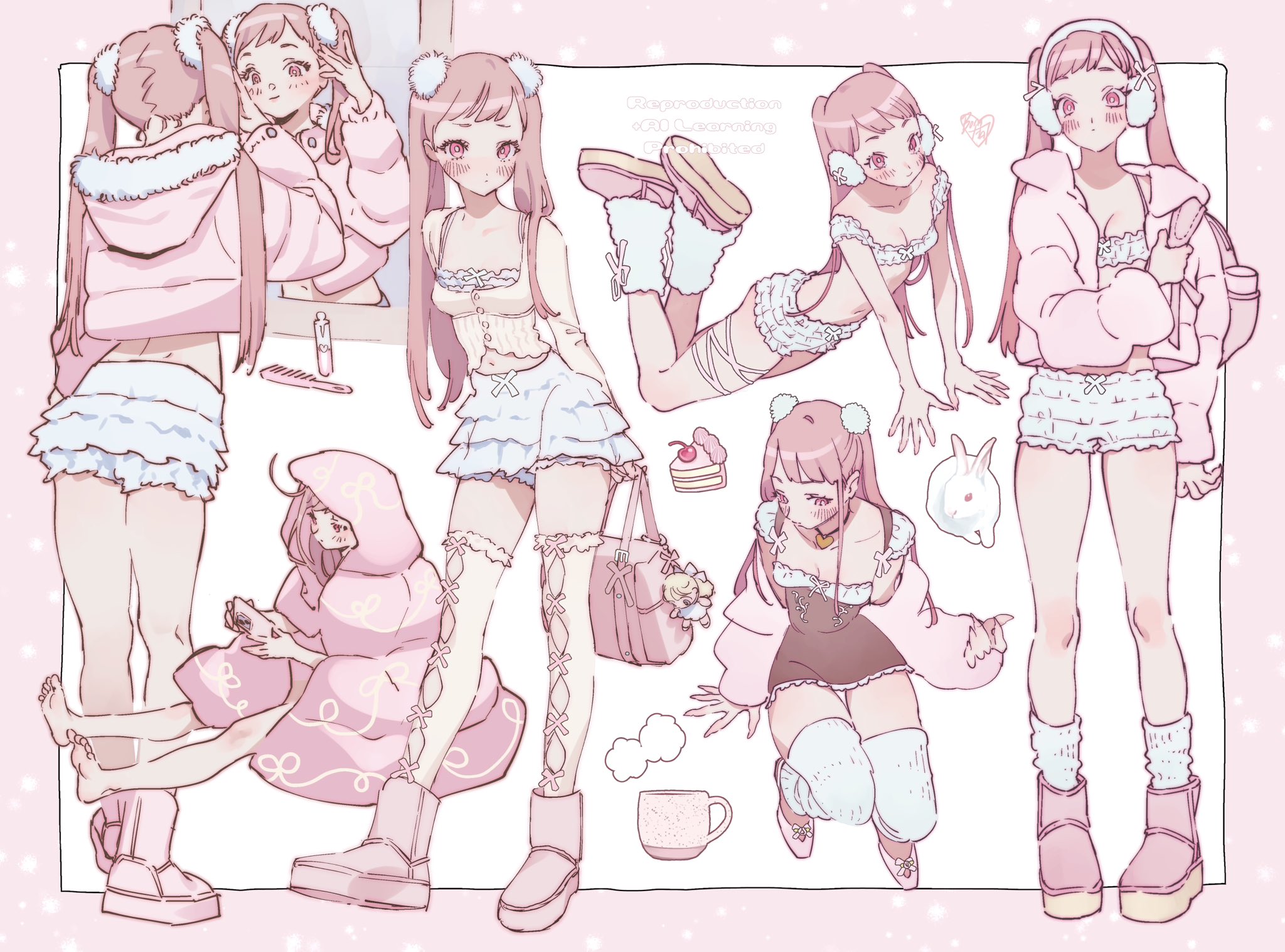 1girl backpack bag barefoot blush bomhat boots bra breasts cellphone closed_mouth coffee_mug collarbone cup earmuffs english_text facing_away facing_viewer full_body fur_boots fur_trim highres jacket legs long_hair long_sleeves looking_at_mirror looking_at_self looking_at_viewer mirror mug multiple_views original parka phone pink_background pink_eyes pink_jacket pink_ribbon puffy_shorts rabbit ribbon shirt shorts simple_background sitting skirt small_breasts smartphone smile socks soles solo standing thighhighs twintails ugg_boots underwear white_shorts white_skirt white_socks white_thighhighs