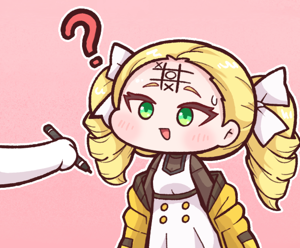 1girl ? blonde_hair blush body_writing bulga chibi drawing_on_another&#039;s_face dress drill_hair forehead green_eyes hair_ribbon jacket last_origin marker mercury_(last_origin) pinafore_dress pink_background ribbon simple_background sleeveless_dress solo sweatdrop tic-tac-toe twin_drills