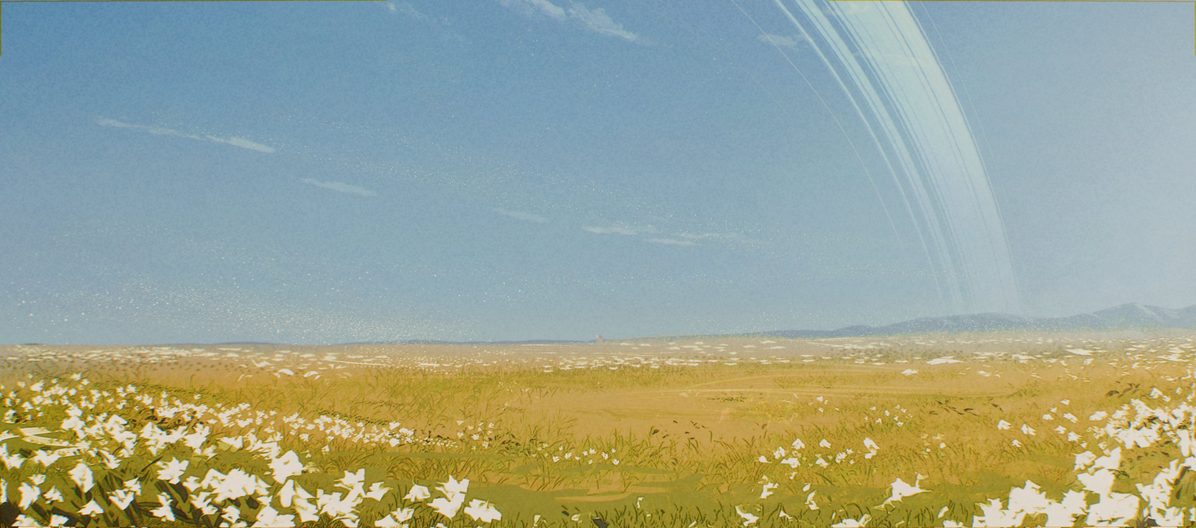 2girls absurdly_wide_shot absurdres asimov_(spindle_(aidenr0)) blue_sky brown_hair cloud commentary day english_commentary field flower grass highres mountainous_horizon multiple_girls original ottilie_(spindle_(aidenr0)) outdoors planetary_ring scenery sky spindle_(aidenr0) standing white_flower white_hair