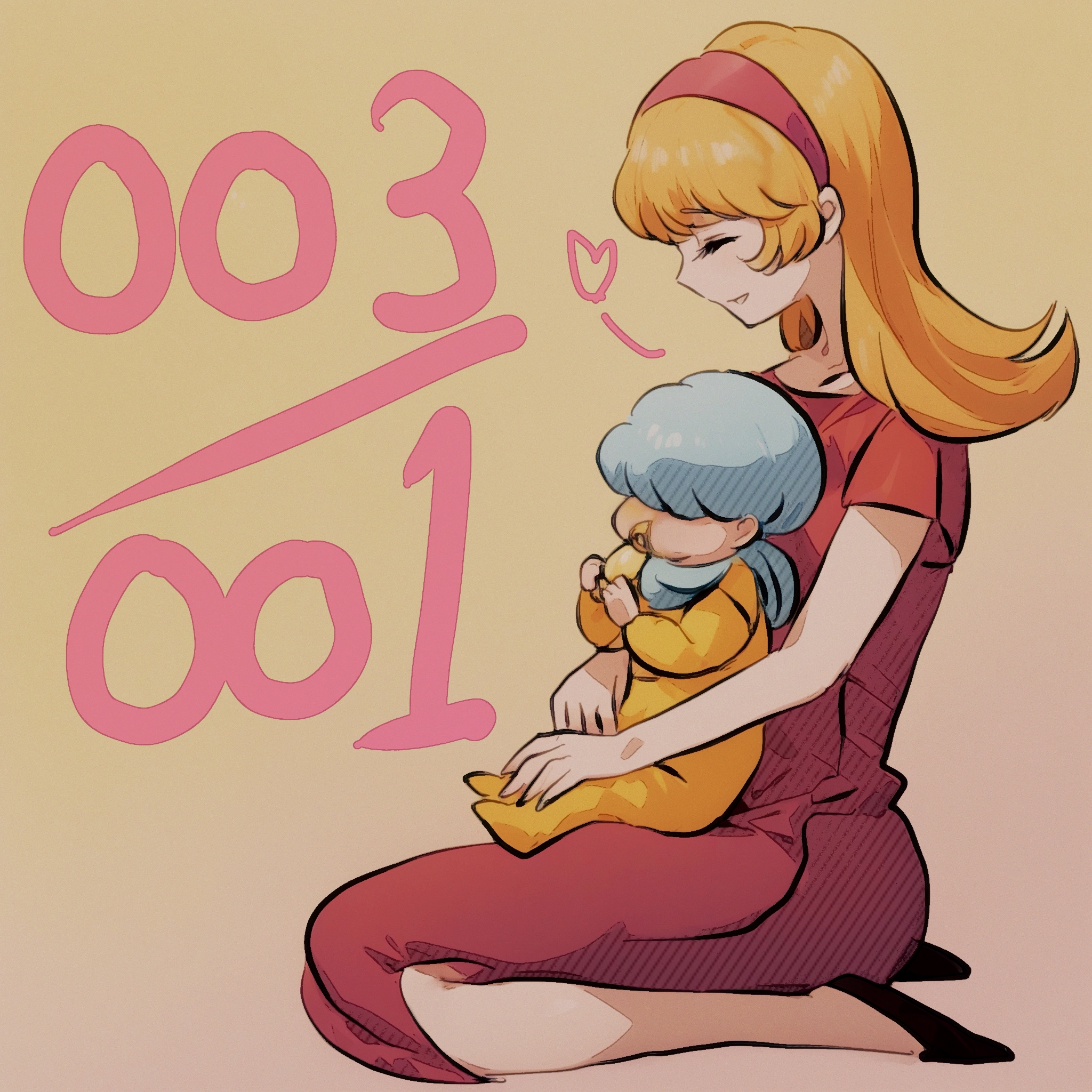 1girl baby baby_carry black_shoes blonde_hair carrying closed_eyes cyborg cyborg_009 dress francoise_arnoul full_body grey_hair hairband highres hug ivan_whisky long_hair onesie red_dress red_hairband sariokisu shoes short_hair sitting