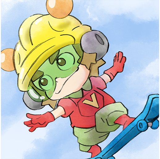 1boy 9-volt blue_sky brown_hair child gloves helmet nintendo official_art red_footwear red_gloves red_shirt shirt skateboard sky smile takeuchi_kou third-party_source warioware warioware:_get_it_together!